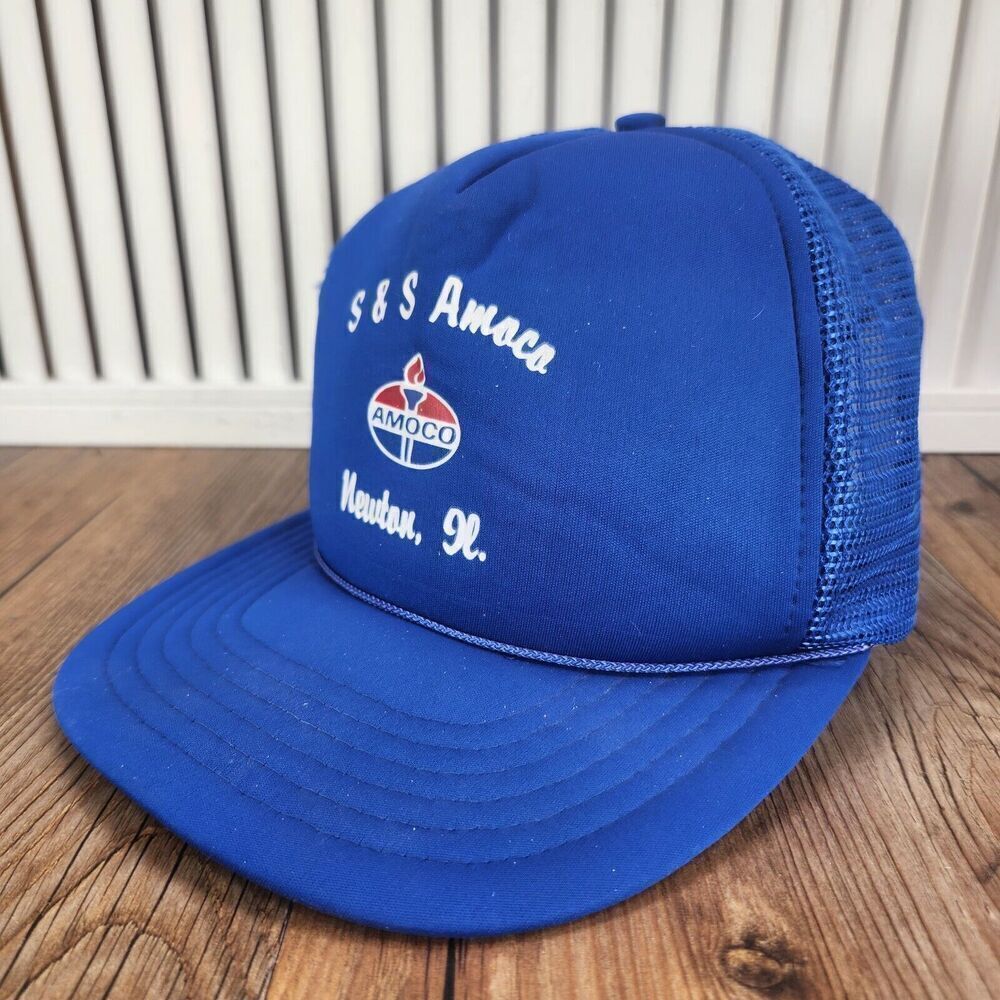 VTG S&S Amoco Newton, IL Snapback Trucker Hat Cap Blue Mesh Rope Promo Foam Logo